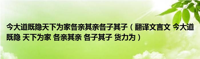 今大道既隐天下为家各亲其亲各子其子（翻译文言文 今大道既隐 天下为家 各亲其亲 各子其子 货力为）