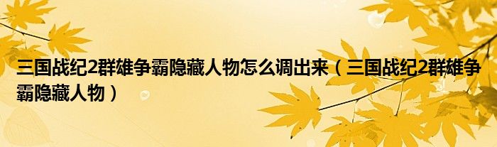 三国战纪2群雄争霸隐藏人物怎么调出来（三国战纪2群雄争霸隐藏人物）